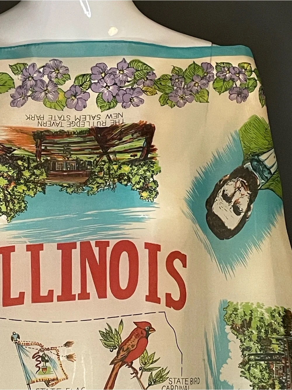 Rare Vintage 50s Souvenir Scarf Illinois Theme Abraham Lincoln 27 In Mint Cond